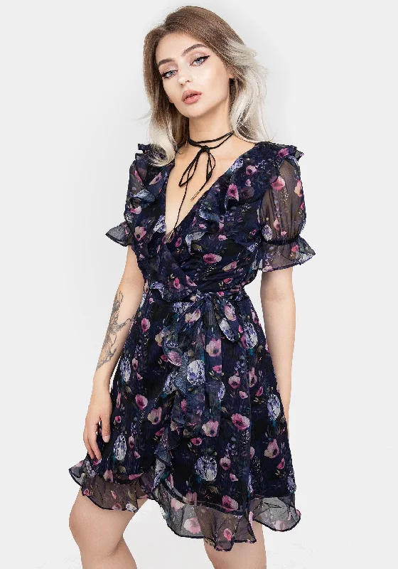 Unleash Your Fashion Socordia Floral Moon Chiffon Frill Wrap Mini Dress