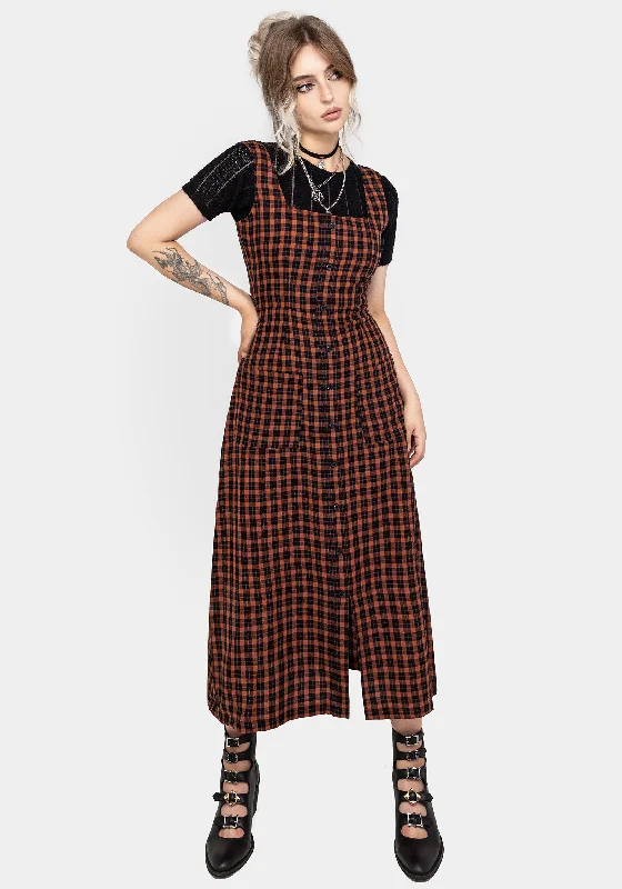 Clothing Store Terra Check Button Up Midaxi Dress - Orange