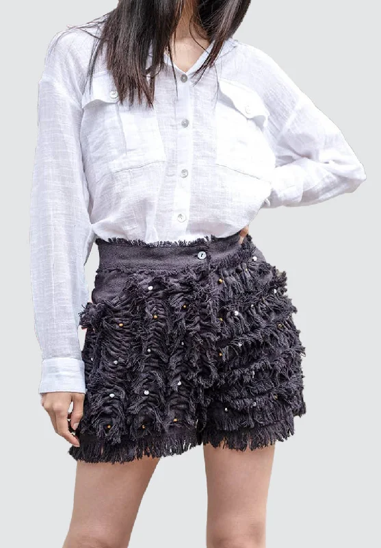 Wardrobe Essentials Blackish Gray Fringe Short 100% Silk