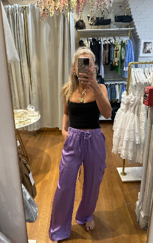 Unique Women's Fashion Pieces Satin Cargo Pant in Lilac by FRNCH